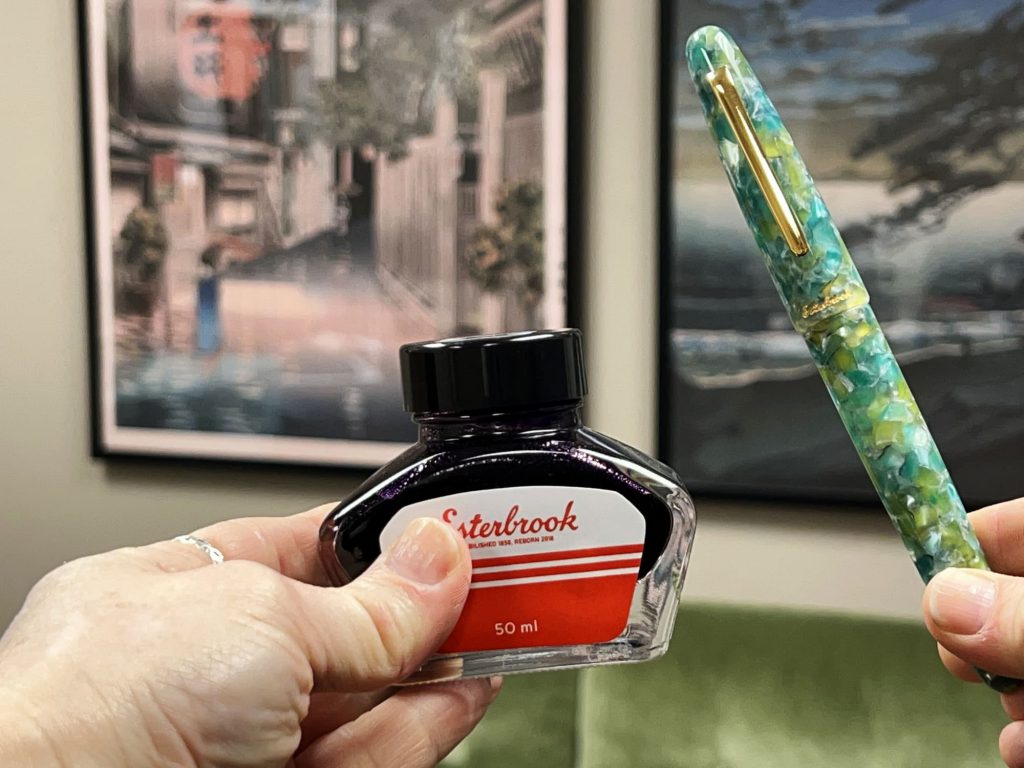 pen and ink pairings: pen addicts favorite pens and inks, esterbrook estie sea glass fountain pen and esterbrook lilac shimmer ink