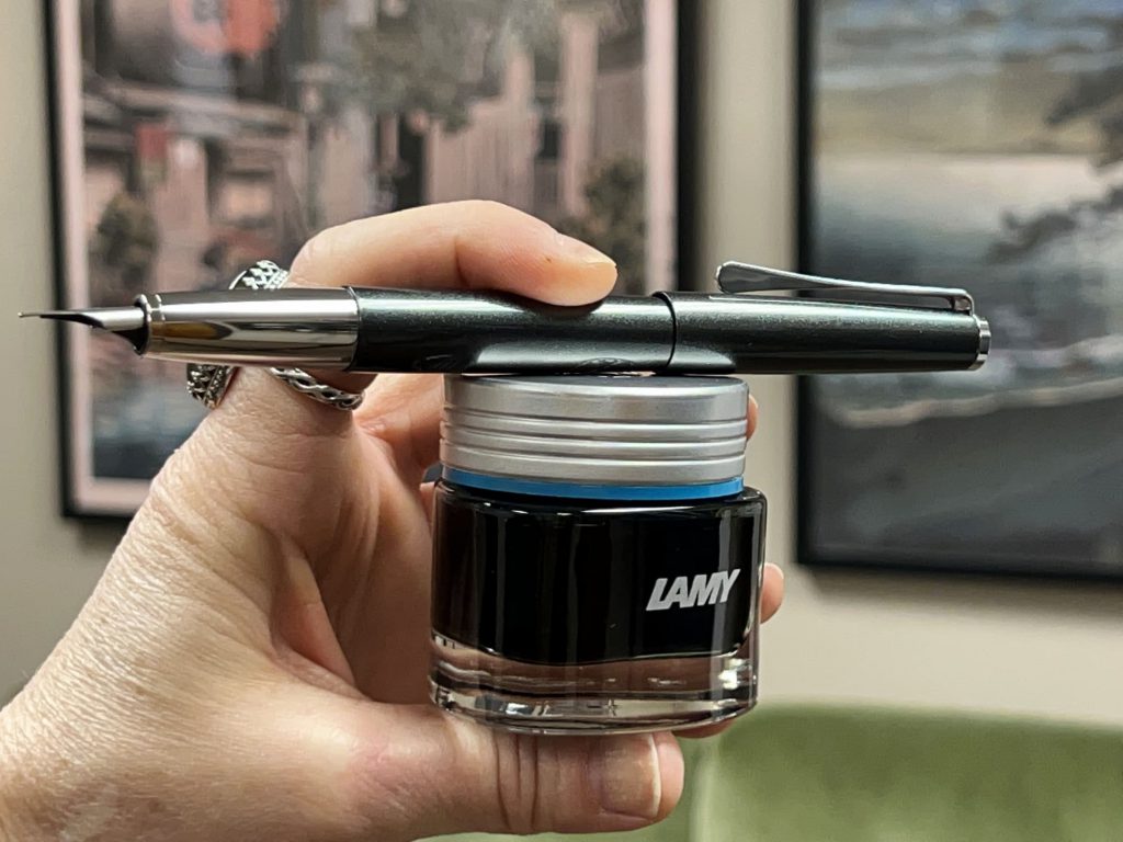 pen and ink pairings, lamy studio black forest fountain pen and lamy crystal amazonite fountain pen ink