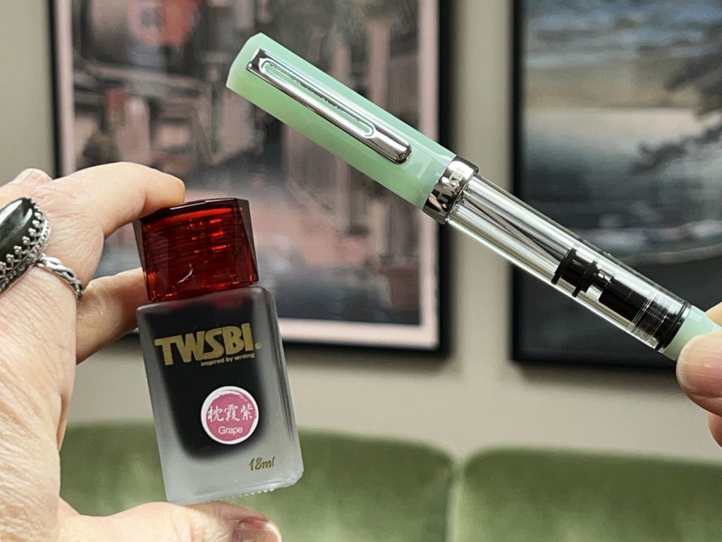 pen and ink pairings, twsbi eco jade fountain pen and twsbi grape ink