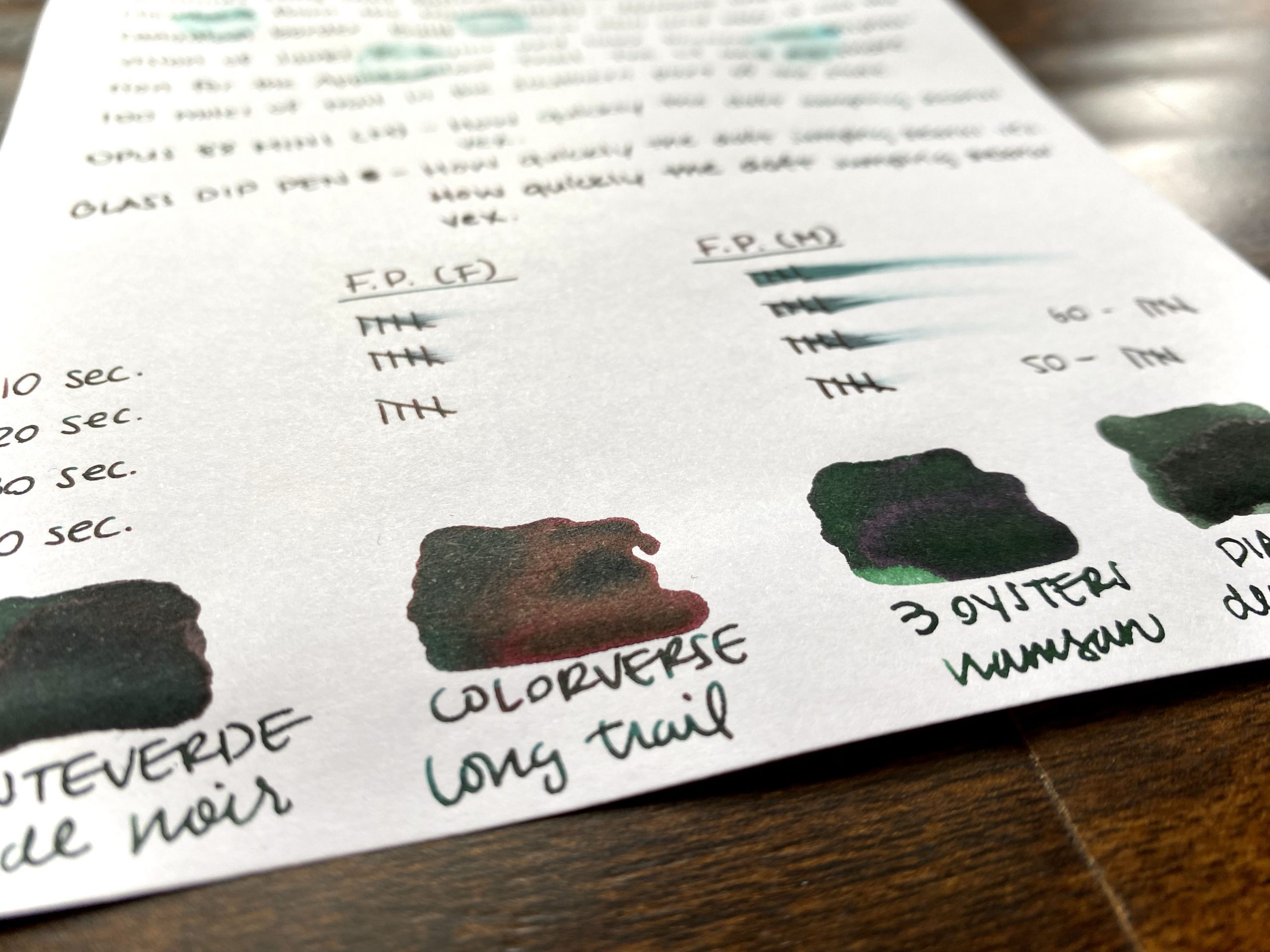 Green ink comparisons on Rhodia paper
