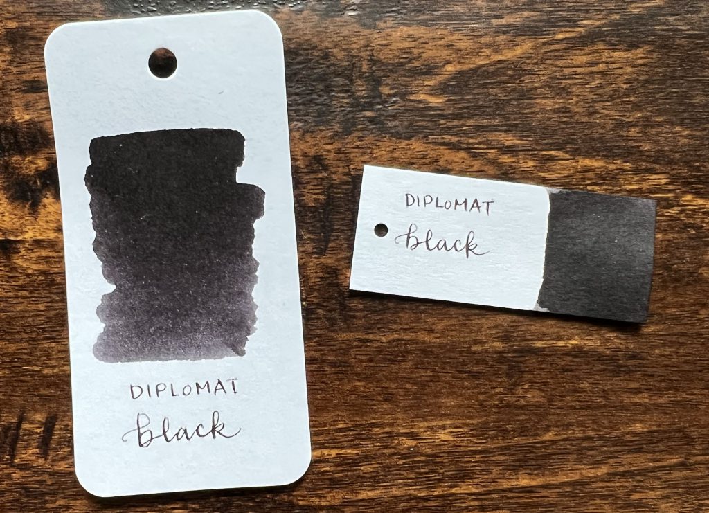 Diplomat Black Ink review ink swatches on col o ring ink tester card and dipper