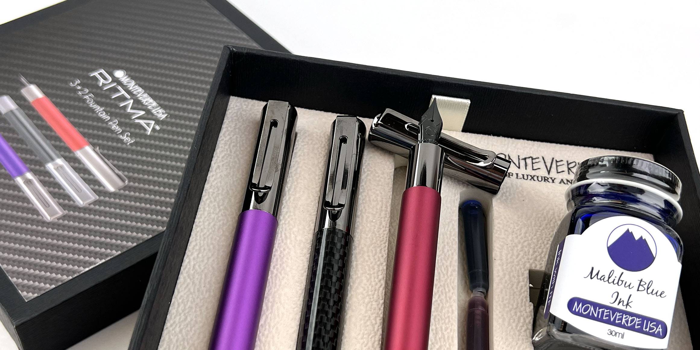 ritma fountain pen gift set_red carbon purple in box with red uncapped