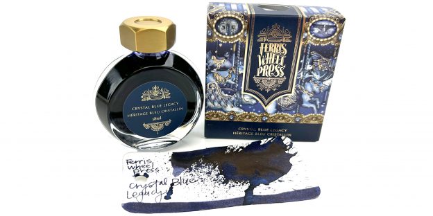 Crystal Blue Legacy ink splash, writing sample, and packaging.