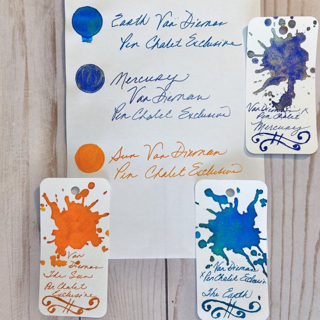 Van Diemans Solar System ink review showing ink swatches and writing samples.