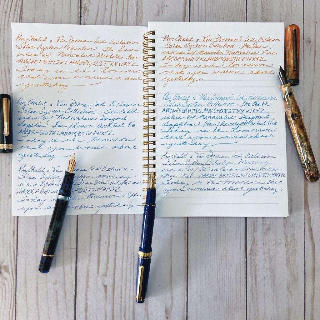 Van Diemans Solar System ink review featuring The Sun, The Earth, and Mercury inks. 