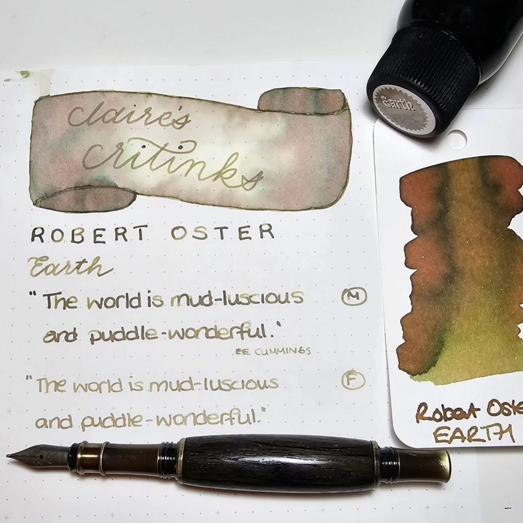 Robert Oster Ink Review: Earth ink writing sample and ink swatch with @claire.scribbleswithpens