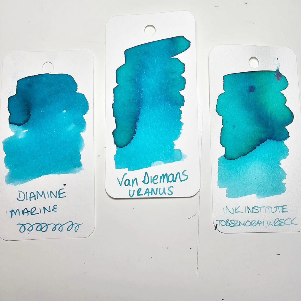 Van Dieman's Uranus Ink Review: Ink swatches showing similar inks side by side. / Credit: @claire.scribbleswithpens