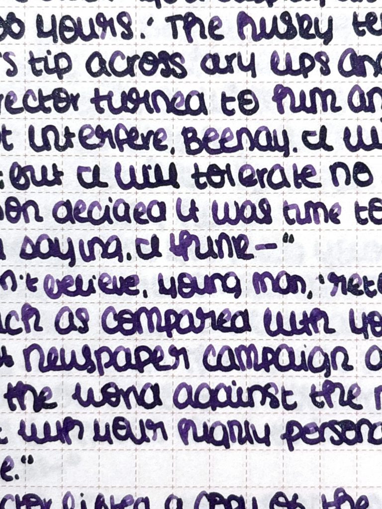 Van Dieman's Solar System ink reviews: Jupiter writing sample closeup (Tomoe River Paper 52 gsm)