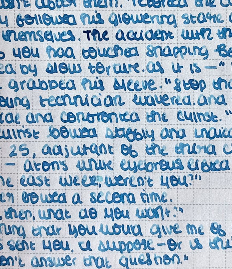 Van Dieman's Solar System Neptune Ink writing sample, closeup 