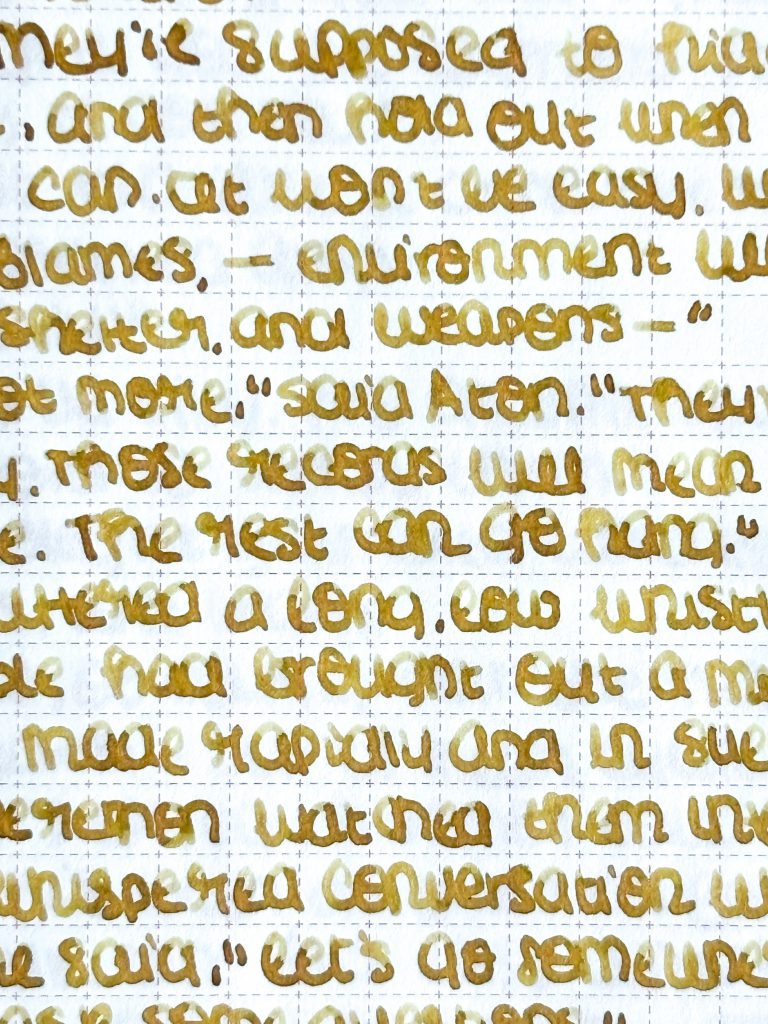 Van Dieman's Saturn ink writing sample closeup, Lamy 2000 fine nib