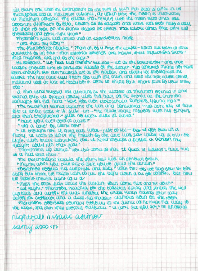 Van Dieman's Uranus ink long writing sample.