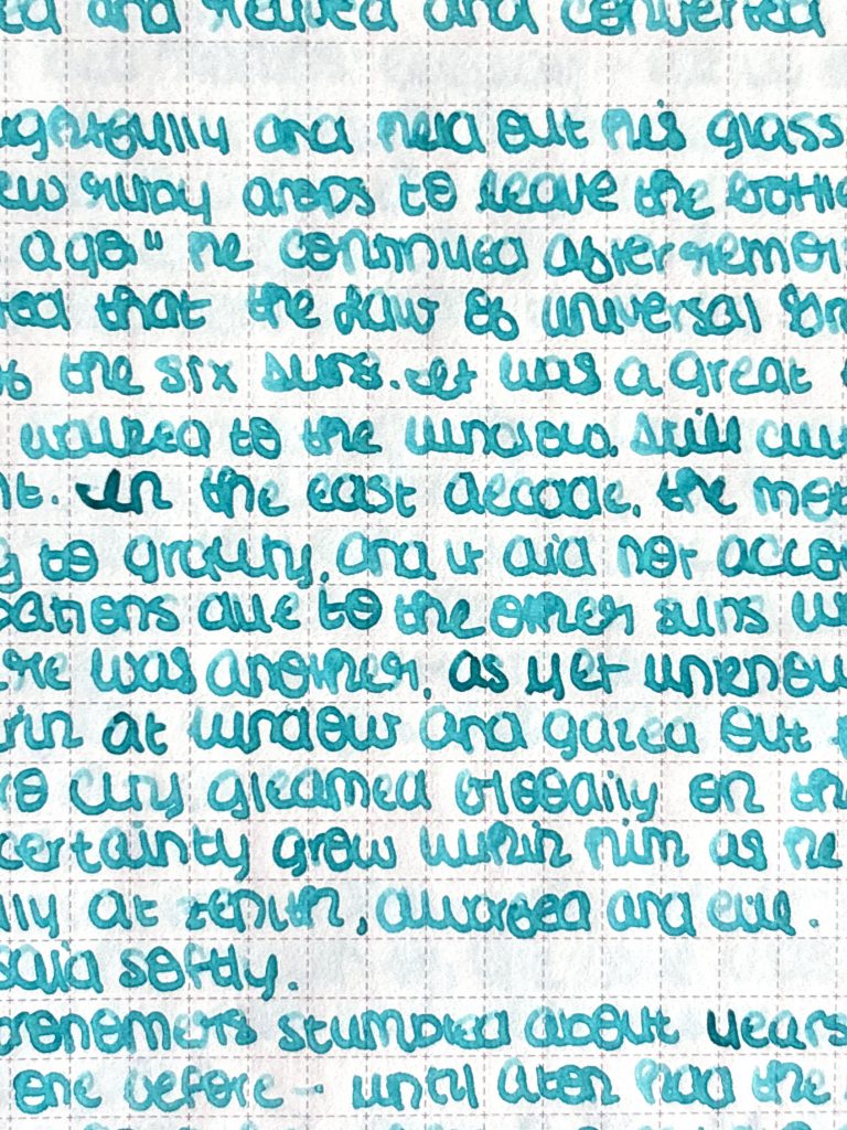 Uranus ink writing sample, closeup. 
