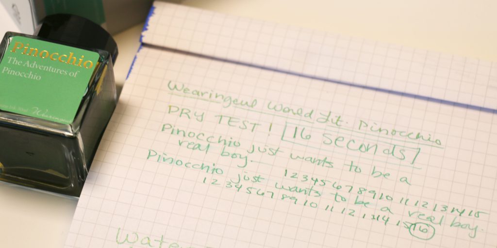 Wearingeul Pinocchio ink review dry time test results. Average dry time of 16 seconds.