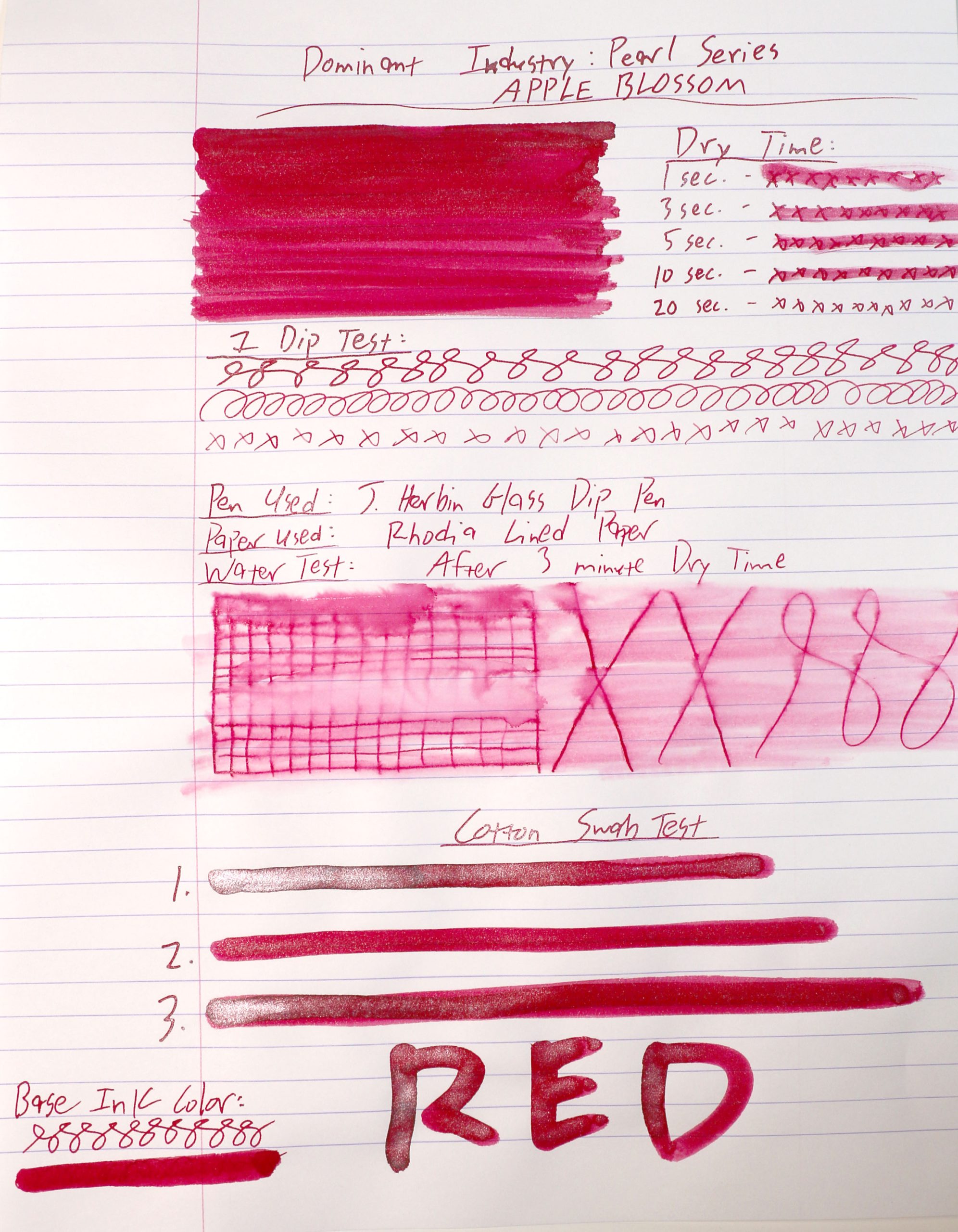 Dominant Industry Pearl Series Apple Blossom ink review test results sheet  - Pen Chalet