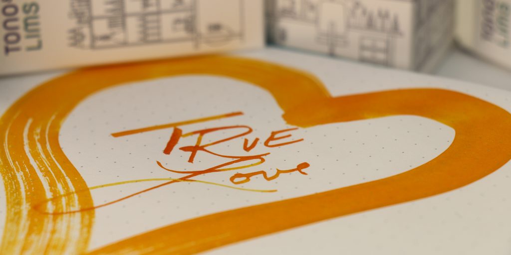True Love Ink Swatch and writing sample: created with a paint brush + J. Herbin glass dip pen