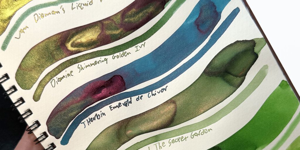 Green ink with gold shimmer ink comparison featuring 6 inks, including Wearingeul The Secret Garden ink, ink swatch shown here. 