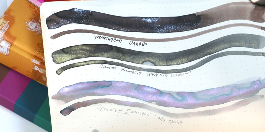 Closeup swatch of Wearingeul Othello ink showing brownish-grey base and fine silver shimmer.