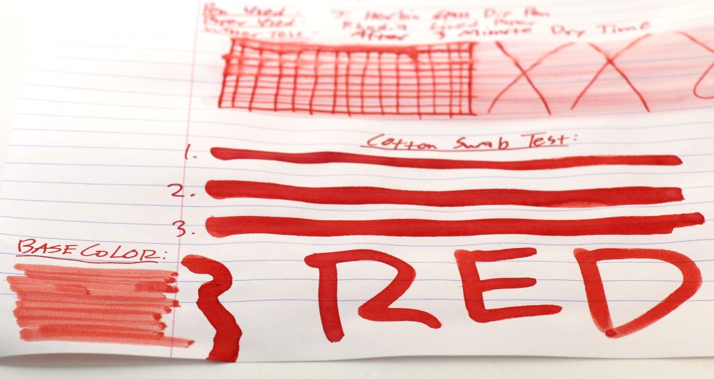 Diamine Sailor's Warning base color ink swatch (no shimmer) on Rhodia lined paper alongside some of the ink review tests. 