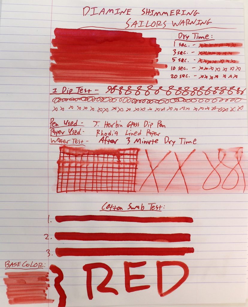 Diamine Sailor's Warning Shimmer ink review test results on lined Rhodia paper. 