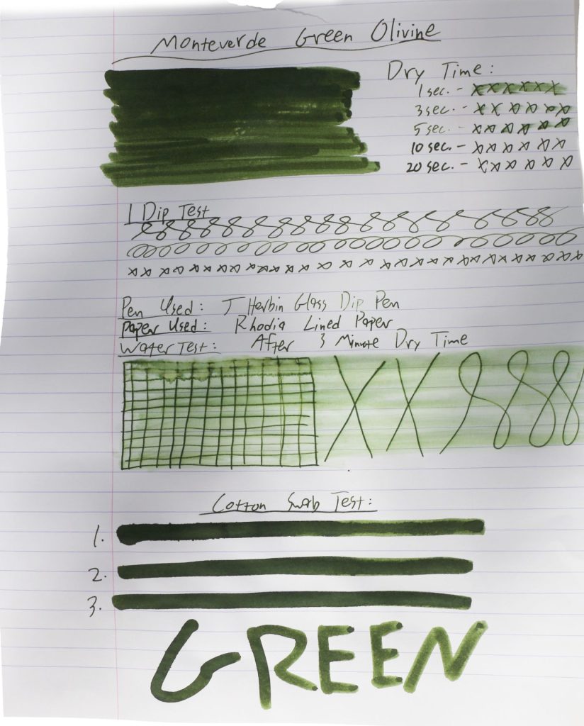 Monteverde Olivine ink full test sheet showing swatches and writing samples on lined paper.