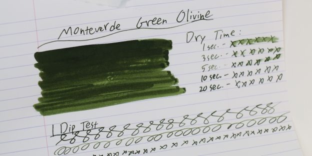 Monteverde Olivine ink dry time test and one-dip test with writing samples.