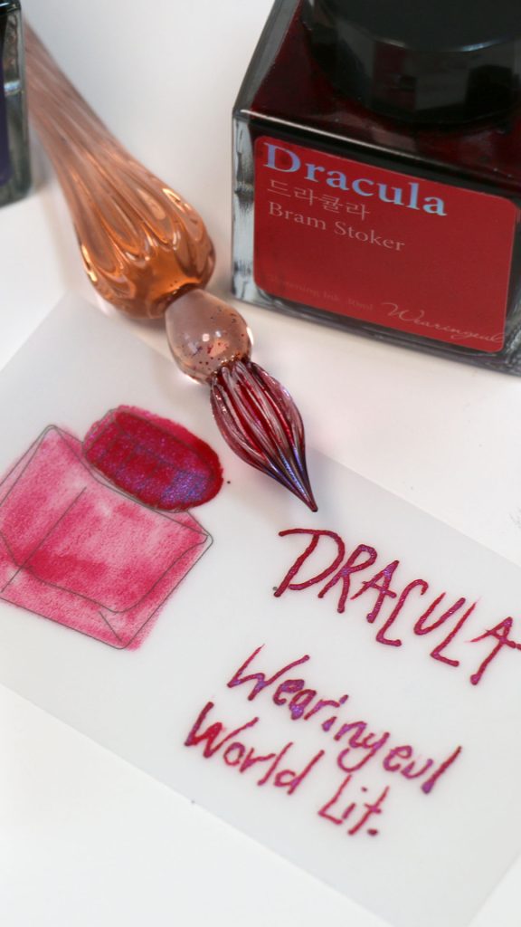Wearingeul tracing ink swatch papers and J. Herbin Glass dip pen with the Wearingeul Dracula ink in today's Wearingeul Frankenstein vs. Dracula Ink Comparison.