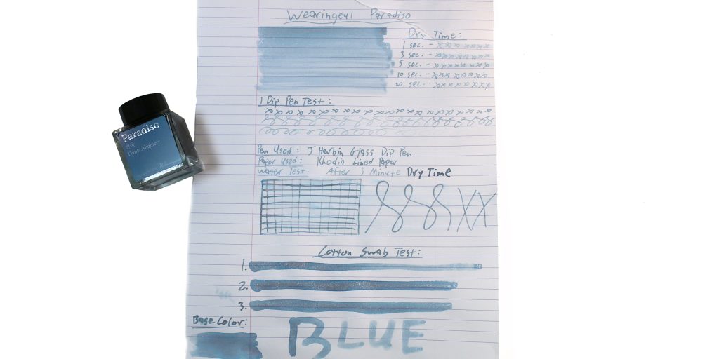 Wearingeul Paradiso Ink Review: the ink test results, on Rhodia lined paper with a J. Herbin glass dip pen.