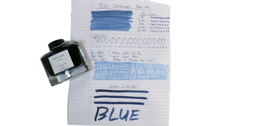 Full ink test sheet for Pilot Iroshizuku Shin-Kai with ink bottle.