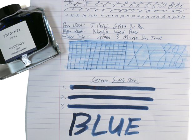 Ink test sheet for Pilot Iroshizuku Shin-Kai with ink bottle