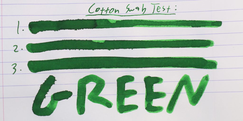 Cotton swab test showing three green ink swatches and the word “GREEN” written in Private Reserve Spearmint ink.