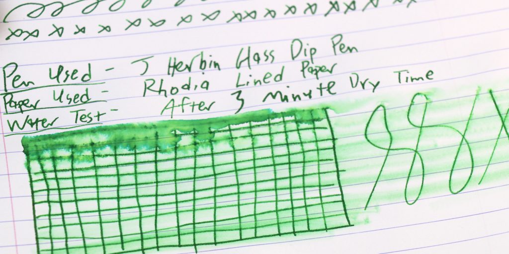 Water test results for Private Reserve Spearmint ink showing minor running and distortion in top section.