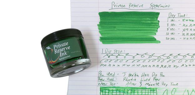 Overhead view of Private Reserve Spearmint ink review test sheet with ink bottle and swatches. Shop inks at PenChalet.com.
