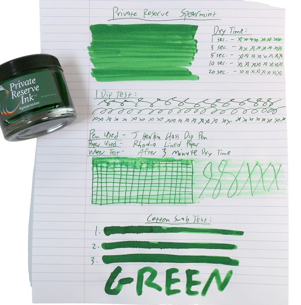 Private Reserve Spearmint ink bottle with full review test sheet including swatches and water test. Shop inks at PenChalet.com.