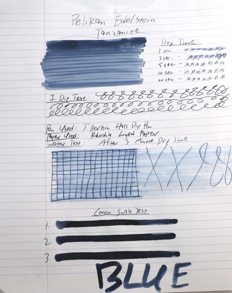 Full Pelikan Edelstein Tanzanite ink test results sheet with swabs, dry time, and water test