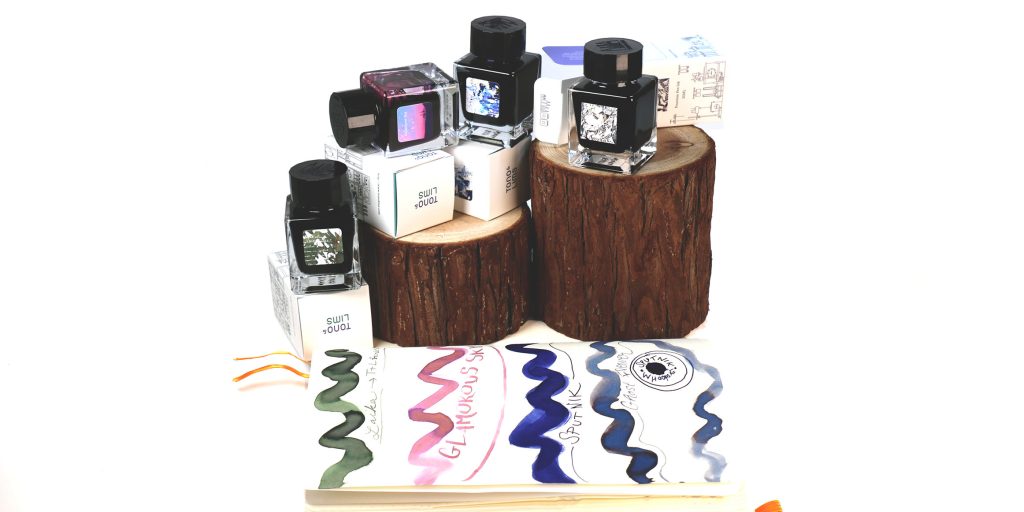 4 inks from the Tono & Lims Friendship Line in Summer 2025 showing the bottles, boxes, and ink swatches of each. 