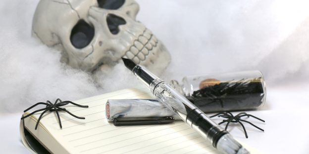 TWSBI ECO Carrera with Onyx Trim fountain pen uncapped on a notebook with Halloween decorations including a skull, spiders, and faux cobwebs.