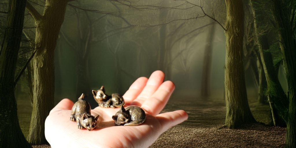 The Sweet and Sassy Brass Cat pen rests held in the palm of a hand in the midst of a spellbound forest.