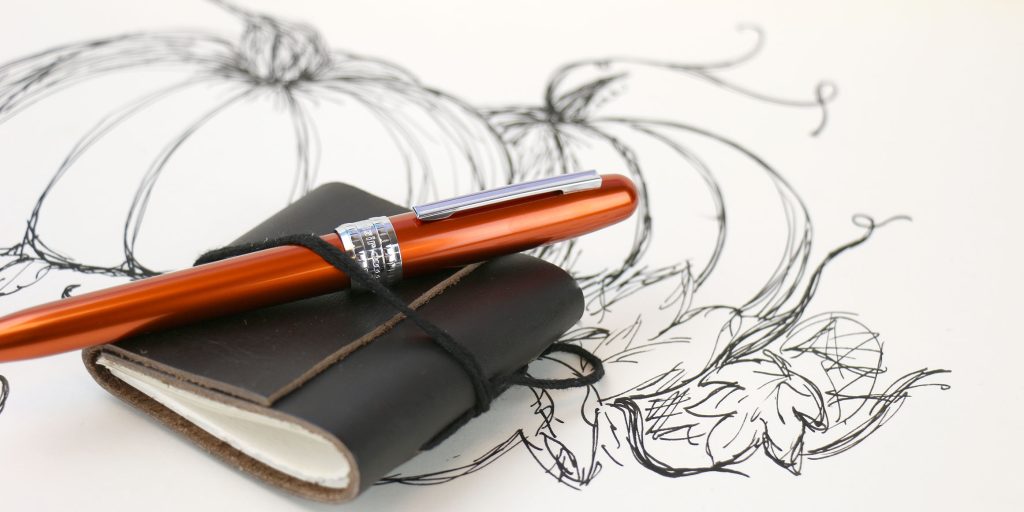 The Platinum Plaisir fountain pen in Nova Orange above a fountain pen sketch of a pumpkin patch.