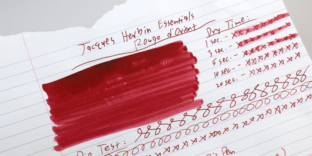 J. Herbin Rouge d’Orient dry time test on Rhodia paper showing color and ink performance.