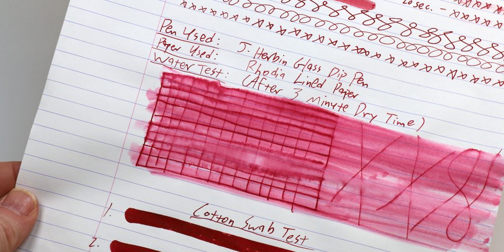 Water test results for J. Herbin Rouge d’Orient ink showing color fade and feathering.