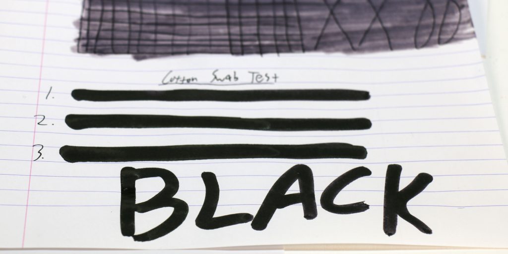 dominant industry base black ink review cotton swab test. 