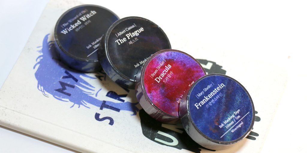 Enchanted Relics Collection in Pen Chalet's 2025 Top Halloween Pens and Inks List showing four of the Wearingeul World Literature Masking Tapes that suit the season: Frankenstein, Edward Hyde, Henry Jekyl, Dracula, and The Plague.