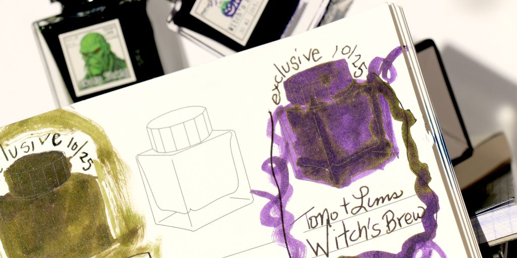A closeup of the Tono and Lims Witch's Brew ink swatch in a Wearingeul Jaquere ink swatch spiral bound notebook.