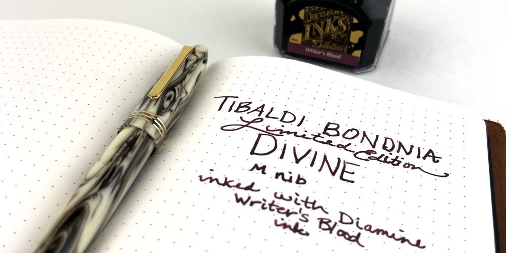 Diamine Writer's Blood ink writing sample with a Tibaldi B nib. 