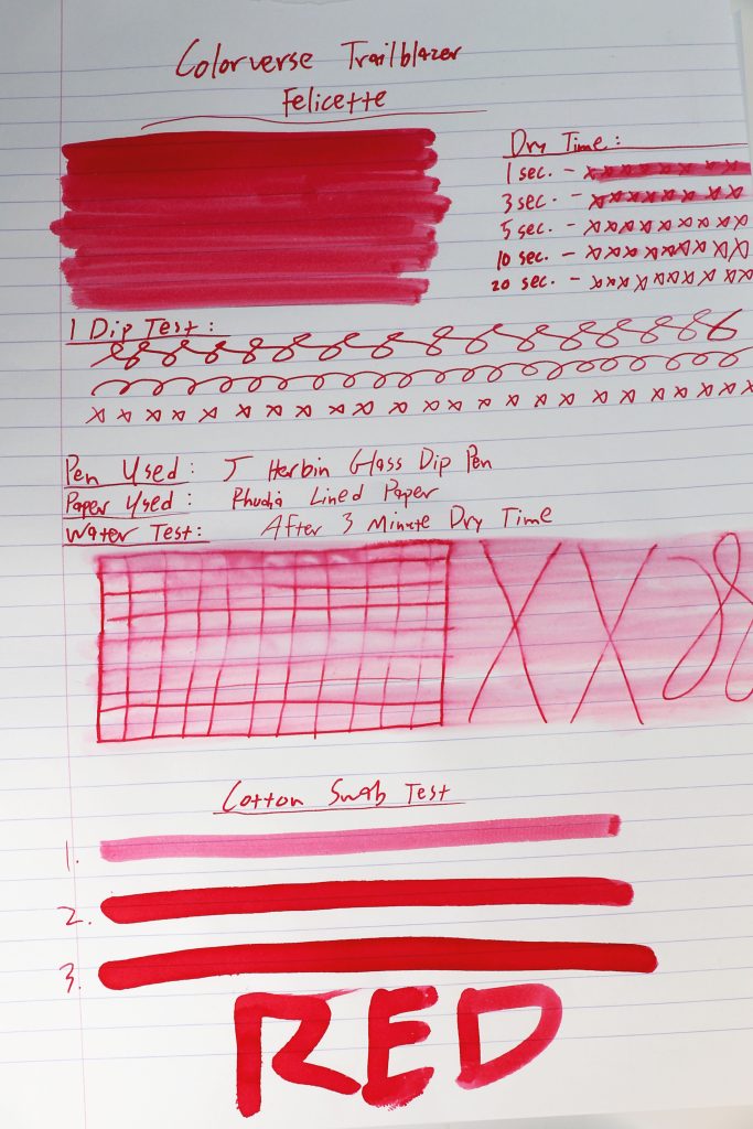 Colorverse Felicette ink review test results, the full sheet.