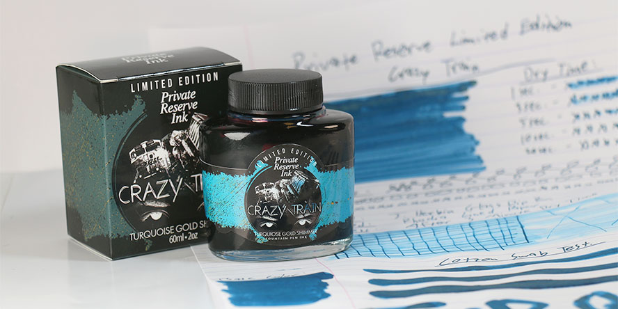 Private Reserve Crazy Train ink review featured image collage with bottle, box, and turquoise shimmer ink test results