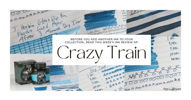 Private Reserve Crazy Train ink review featured image collage with bottle, box, and turquoise shimmer ink test results