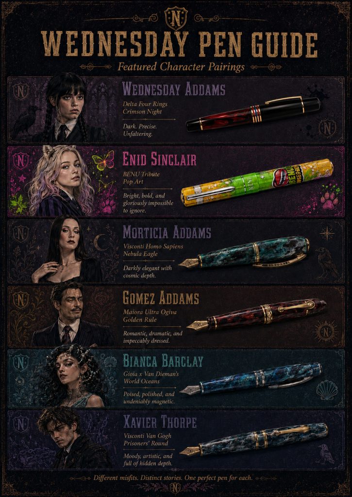 Black background infographic showing Wednesday pen guide characters down the left side with the luxury pen choice Pen Chalet would choose for them down the right side.