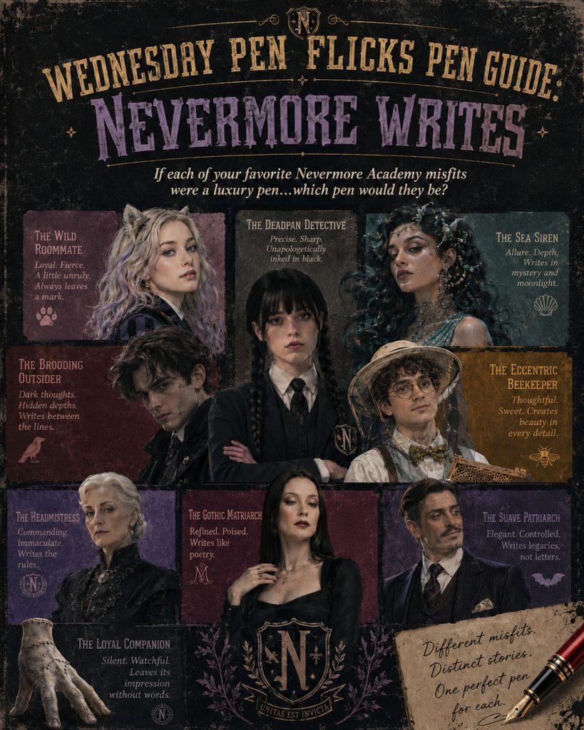 Infographic with black background showing the different popular characters from the Wednesday Netflix series and describing what about them led to their Pen Flicks Pen Guide luxury pen choice. 