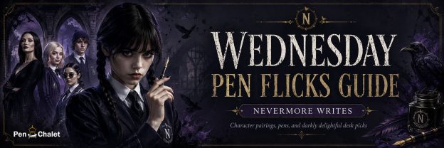 Title header showing Wednesday Addams tv series characters behind Wednesday holding a pen with title: Wednesday Pen Flicks Guide , Nevermore Writes by Pen Chalet.